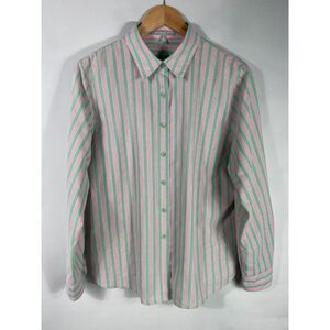 Foxcroft Women's 14P Shaped Fit Green Pink White Striped Long Sleeve Shirt